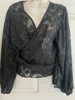 Express Black Floral Sheer Wrap Blouse
